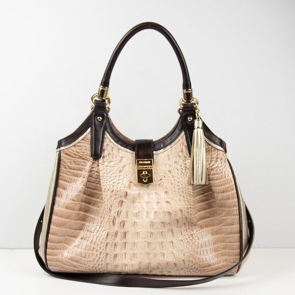 Brahmin Elisa Purse Leather Crocodile Embossed Hobo Bag Blossom Kendall Brown - Picture 1 of 14